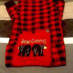 Lazy One Adult Buffalo Plaid Bear Christmas Onesie—Size X-Large